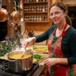 Femme portant des lunettes de protection claires en train de préparer un repas de fête dans une cuisine moderne, remuant une casserole fumante avec précaution