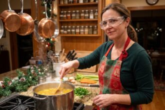 Femme portant des lunettes de protection claires en train de préparer un repas de fête dans une cuisine moderne, remuant une casserole fumante avec précaution