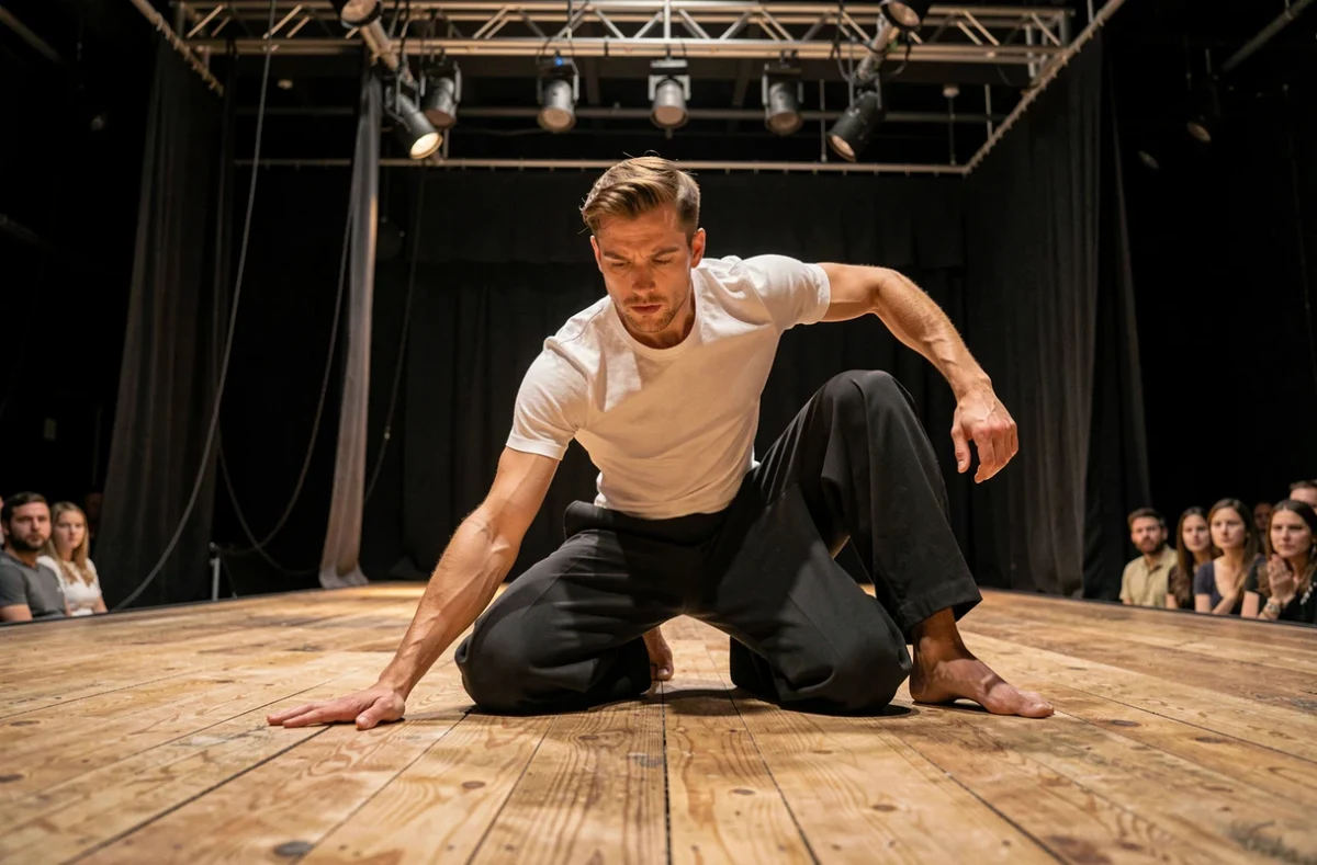 Danseur masculin en performance sur scène dans un théâtre intimiste pendant le festival Pharenheit au Havre