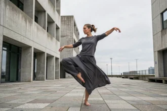 Danseuse contemporaine en mouvement sur une place urbaine du Havre lors du festival Pharenheit