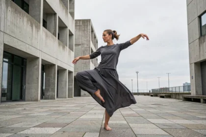Danseuse contemporaine en mouvement sur une place urbaine du Havre lors du festival Pharenheit