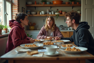 Trois jeunes adultes discutent dans une cuisine désordonnée