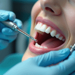 Dentiste avec outil de nettoyage dentaire et patient aux dents blanches