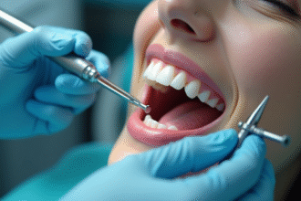 Dentiste avec outil de nettoyage dentaire et patient aux dents blanches