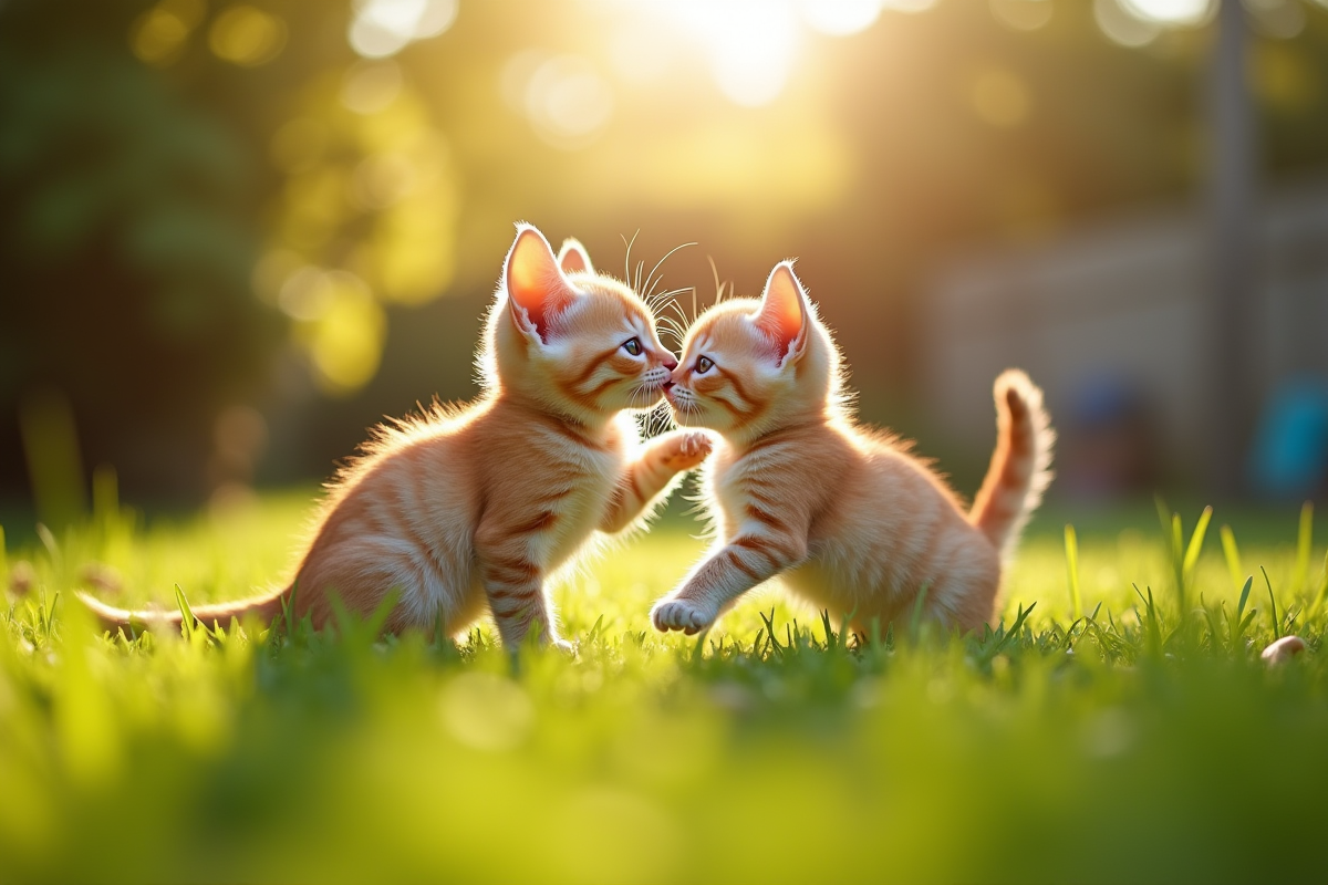Deux chats beiges jouent dans le jardin ensoleille