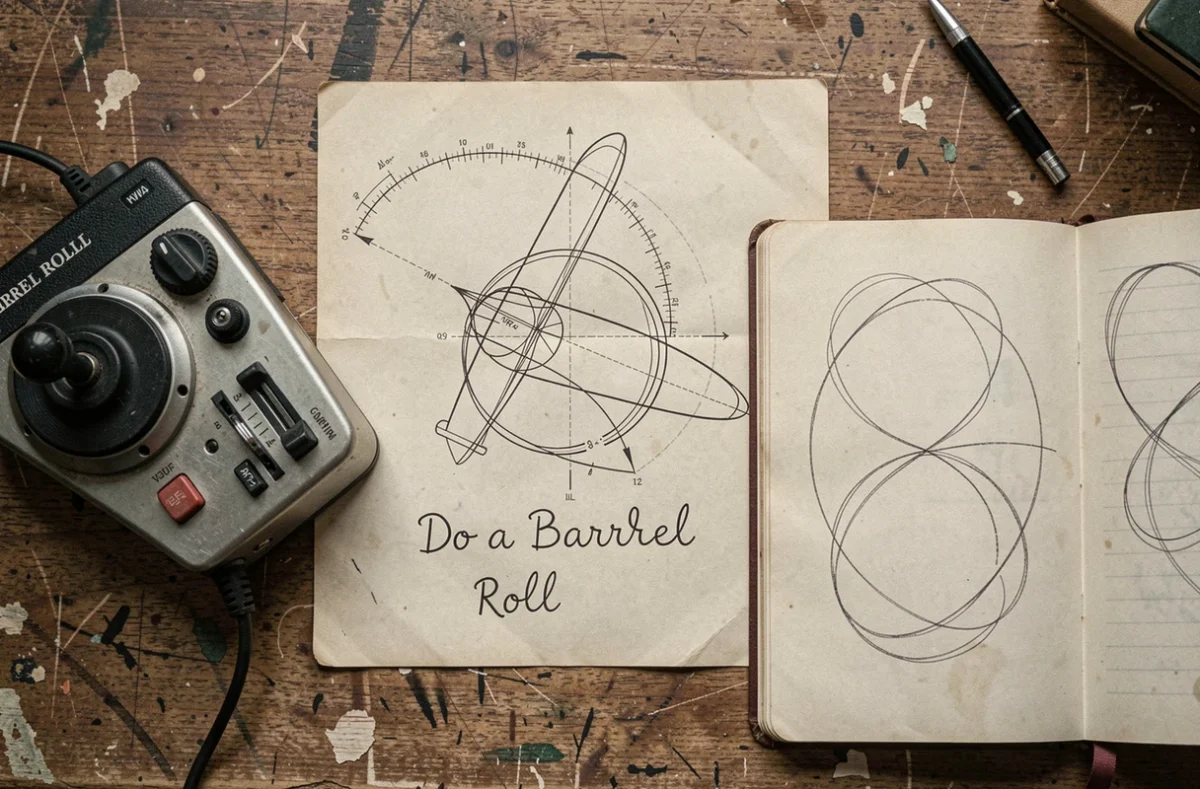 Composition éditoriale associant diagramme aéronautique du tonneau et références au mème Do a Barrel Roll, illustrant l'évolution culturelle de la manœuvre
