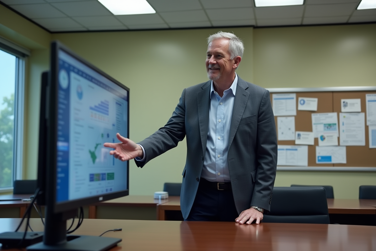 Directeur de lycée présente le tableau de bord MBN dans son bureau