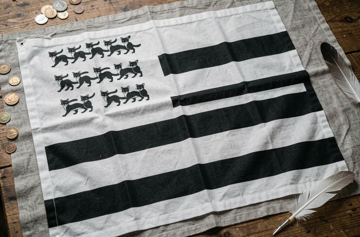 Drapeau breton Gwenn-ha-Du avec les onze hermines en vue de dessus sur une table en bois