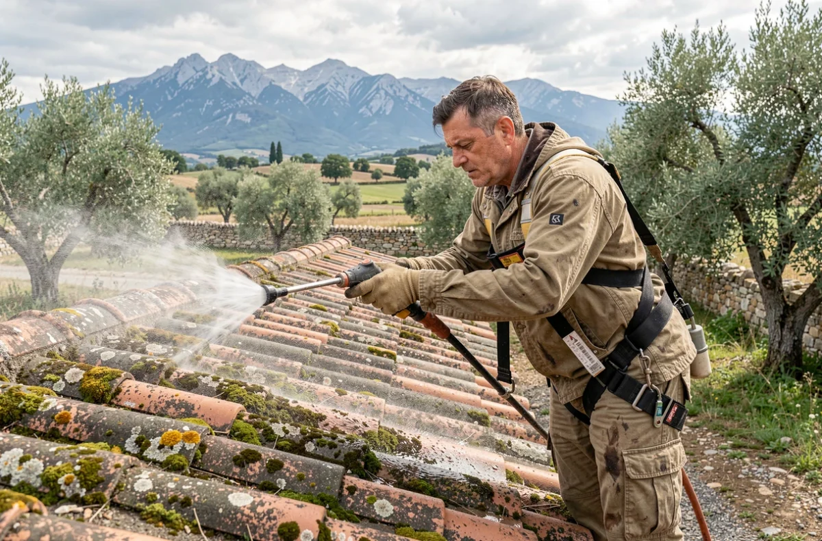 Artisan de Drôme Toiture et Rénovation nettoyant des tuiles en terre cuite moussues sur une ferme en pierre dans la Drôme