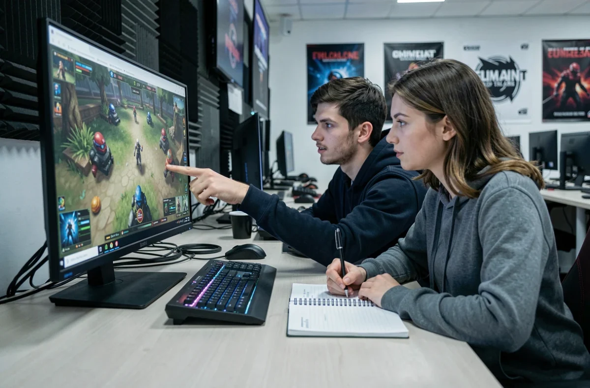Duo de joueurs analysant ensemble une compo TFT flexible dans une salle d'entraînement esports professionnelle
