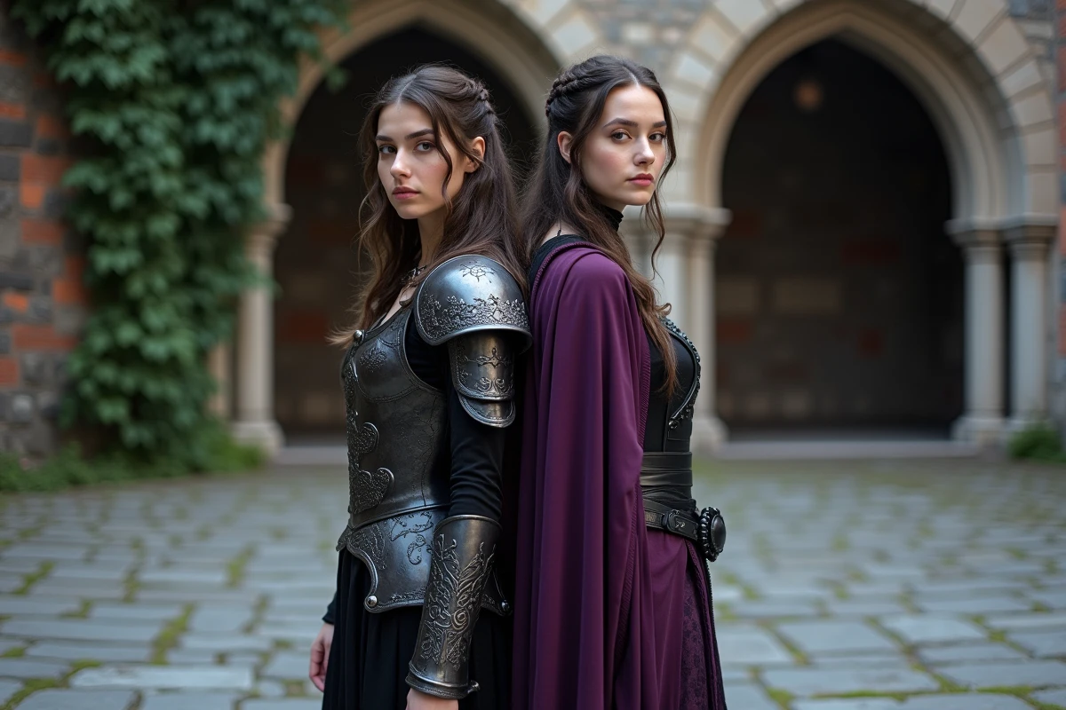 Deux cosplayeuses en costumes dark fantasy contrastés face à face dans une cour pavée aux arches de pierre