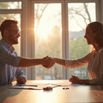 Poignée de main entre agent immobilier et couple dans un salon lumineux