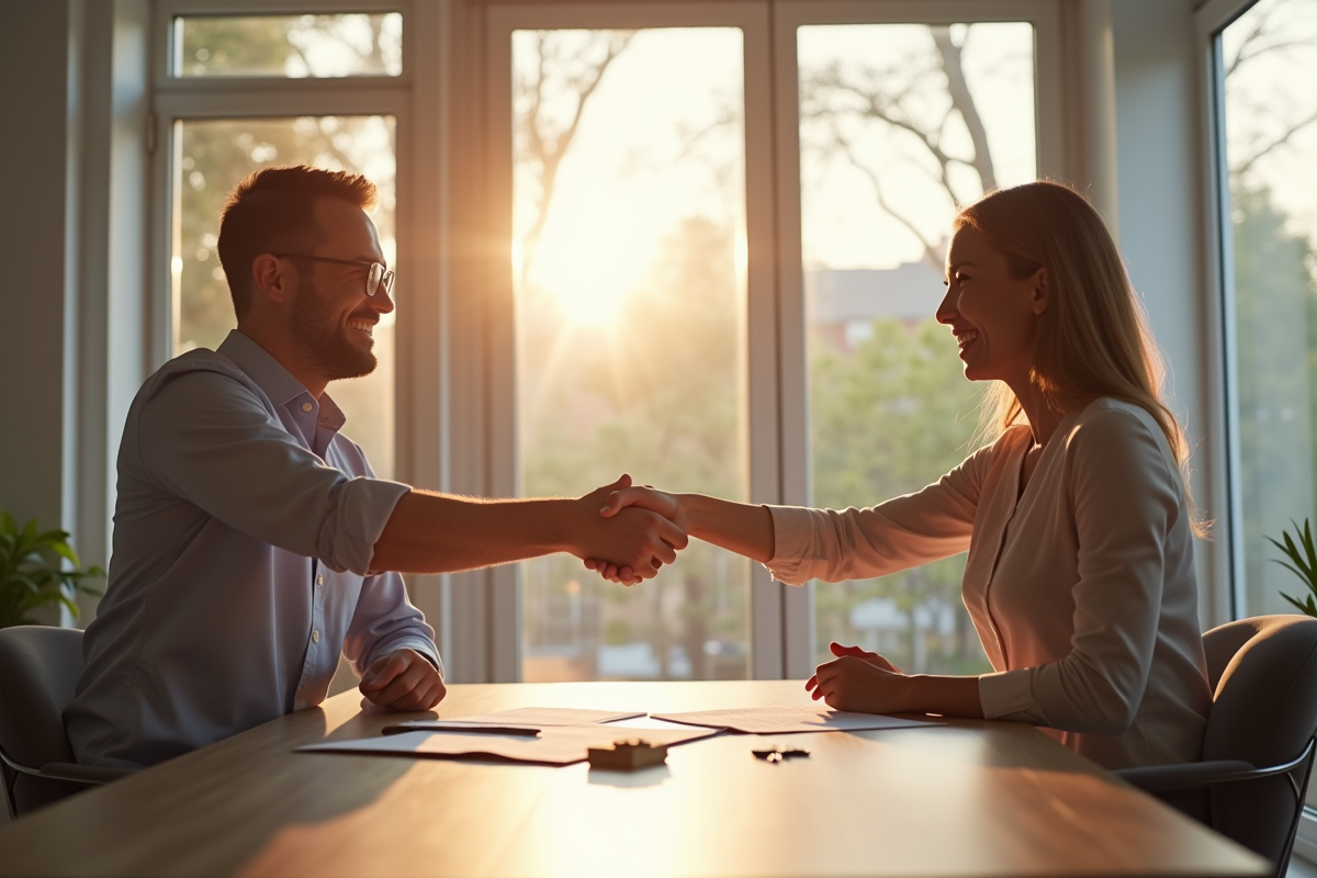 Poignée de main entre agent immobilier et couple dans un salon lumineux