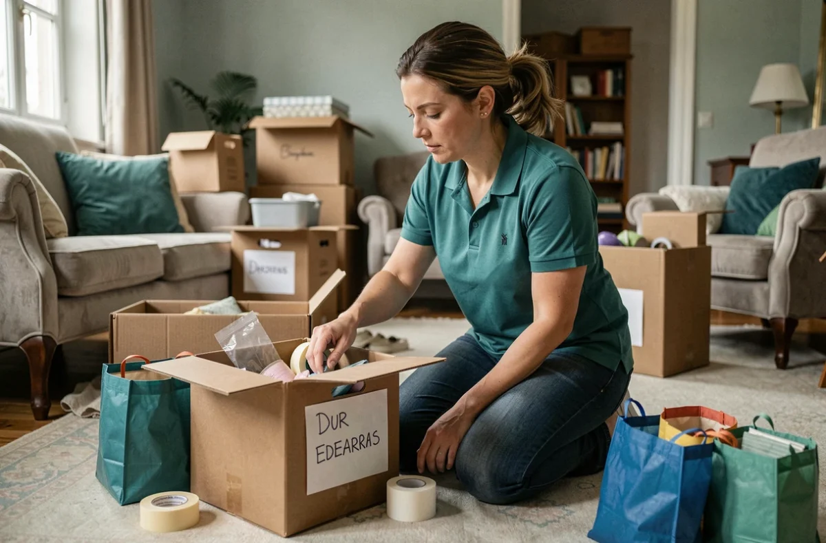 Professionnelle Edebarras triant des affaires dans des cartons étiquetés dans un appartement bordelais