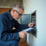 Électricien professionnel inspectant un tableau électrique dans un appartement bordelais lors d'un contrôle réalisé en urgence