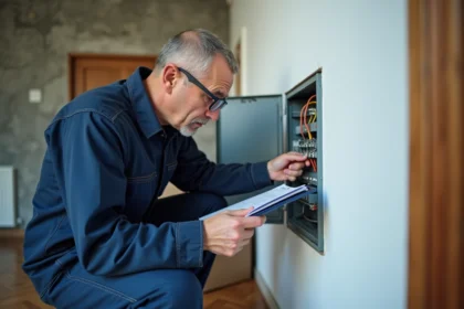 Électricien professionnel inspectant un tableau électrique dans un appartement bordelais lors d'un contrôle réalisé en urgence
