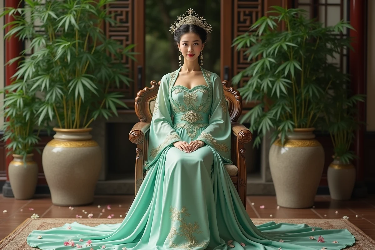 Impératrice élégante assise sur un trône dans un jardin