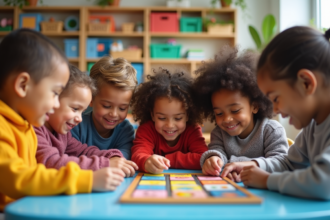 Groupe d'enfants jouant à un jeu de société en classe