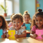 Groupe d'enfants dans une classe lumineuse avec cartes nom commençant par J