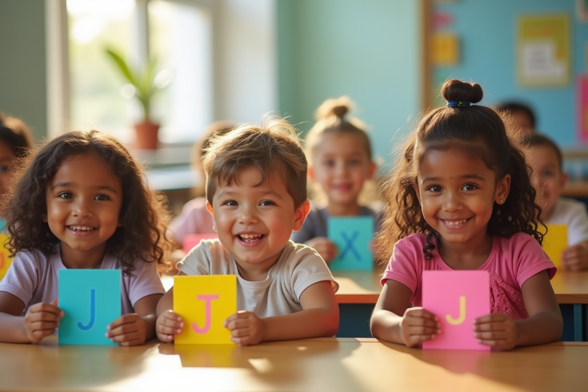 Groupe d'enfants dans une classe lumineuse avec cartes nom commençant par J