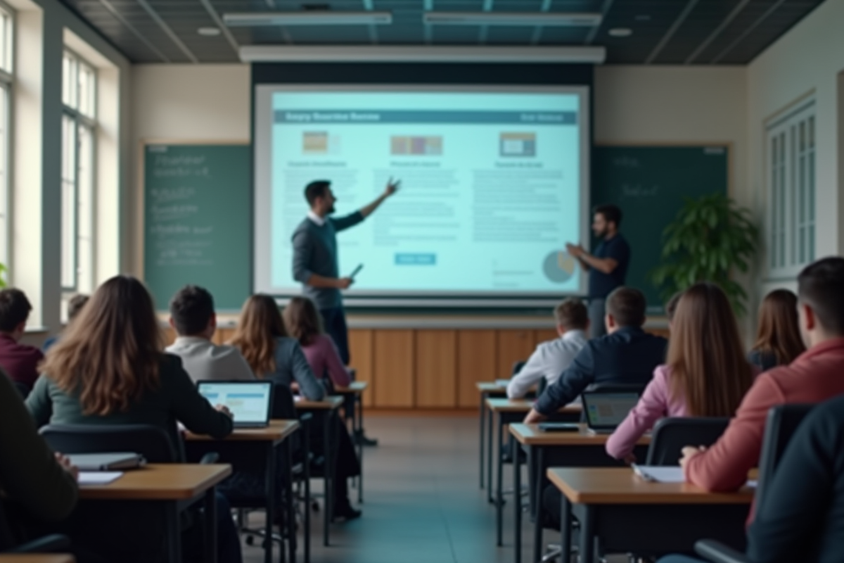 Professeur projetant des ressources numériques sur un tableau interactif en amphithéâtre