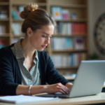 Enseignante au lycée consulte ses notes sur un ordinateur
