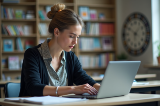 Enseignante au lycée consulte ses notes sur un ordinateur