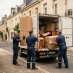 Équipe de débarras professionnelle devant une maison girondine avec camion de chargement