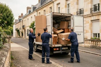 Équipe de débarras professionnelle devant une maison girondine avec camion de chargement