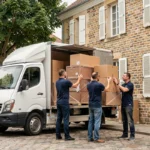 Une équipe de déménageurs professionnels charge un camion devant un bâtiment en pierre typique de l'Allier
