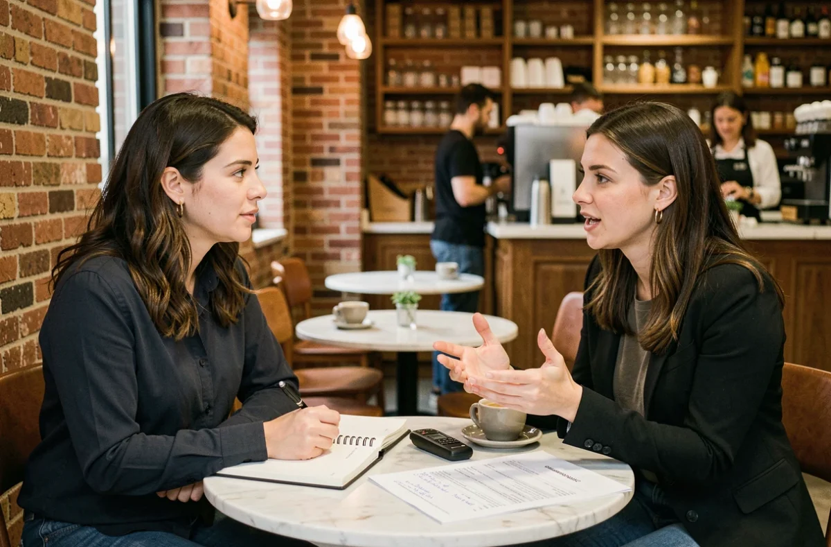 Entretien qualitatif entre deux femmes dans un café pour recueillir des verbatims clients lors d'une étude marketing