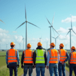 Groupe de professionnels devant des éoliennes en Normandie