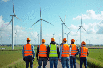 Groupe de professionnels devant des éoliennes en Normandie