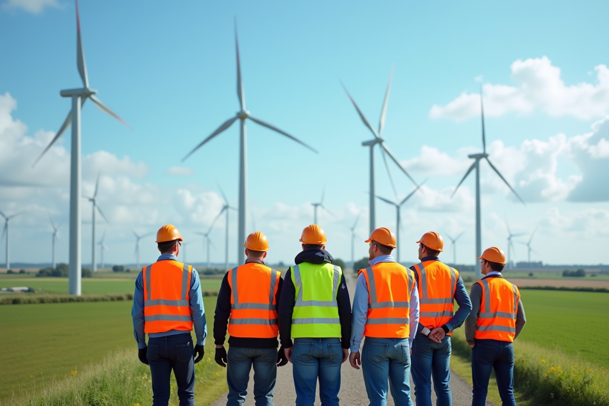 Groupe de professionnels devant des éoliennes en Normandie