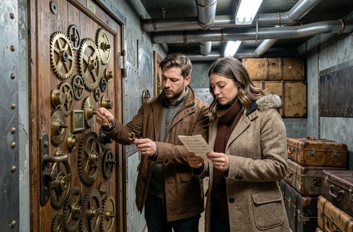 Couple en train de résoudre une énigme devant une porte mécanique dans un escape game au thème steampunk en Auvergne-Rhône-Alpes