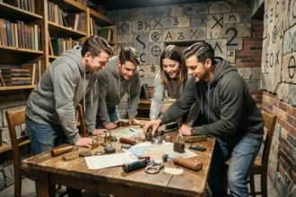 Groupe d'adultes résolvant des énigmes dans une salle d'escape game en Auvergne-Rhône-Alpes avec décor en pierre et accessoires vintage