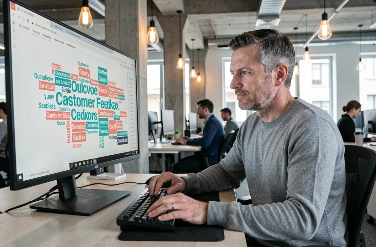 Professionnel en marketing étudiant un nuage de mots et des synonymes de verbatim sur un écran d'ordinateur en open space