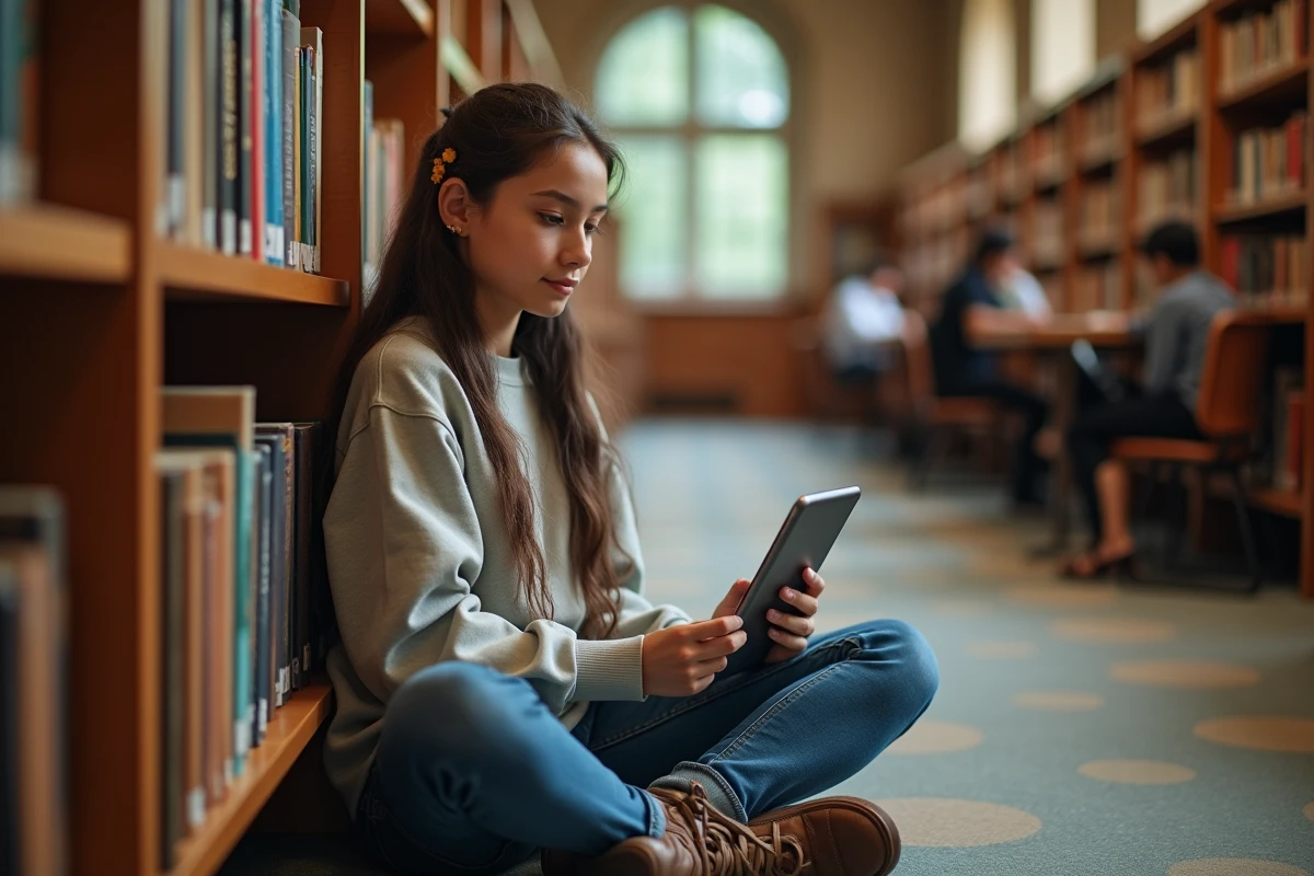 Étudiante utilisant une application de comptage de mots en temps réel sur une tablette dans une bibliothèque universitaire