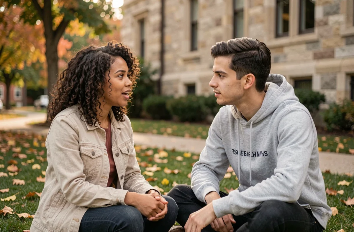 Deux étudiants en conversation sur un campus, illustrant l'écoute active et la distinction entre écouter et entendre