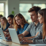Étudiants universitaires collaborant sur des ordinateurs portables dans une salle lumineuse