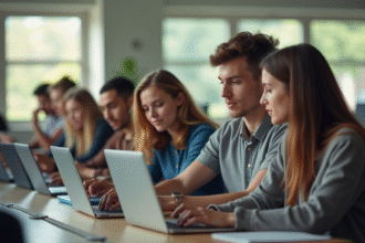 Étudiants universitaires collaborant sur des ordinateurs portables dans une salle lumineuse