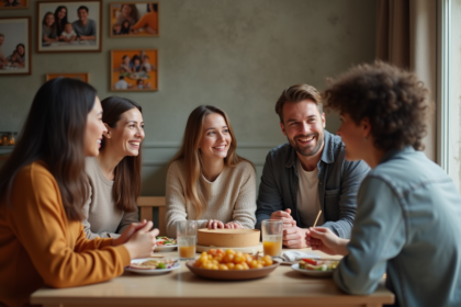 Famille moderne partageant un repas convivial à la maison