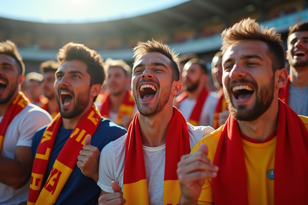 Supporters passionnés avec écharpes dans un stade ensoleille
