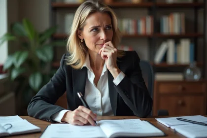 Femme d affaires en réunion avec livre de francais