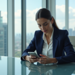 Femme d'affaires vérifiant son smartphone dans un bureau moderne