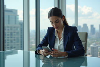 Femme d'affaires vérifiant son smartphone dans un bureau moderne