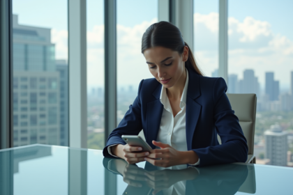 Femme d'affaires vérifiant son smartphone dans un bureau moderne