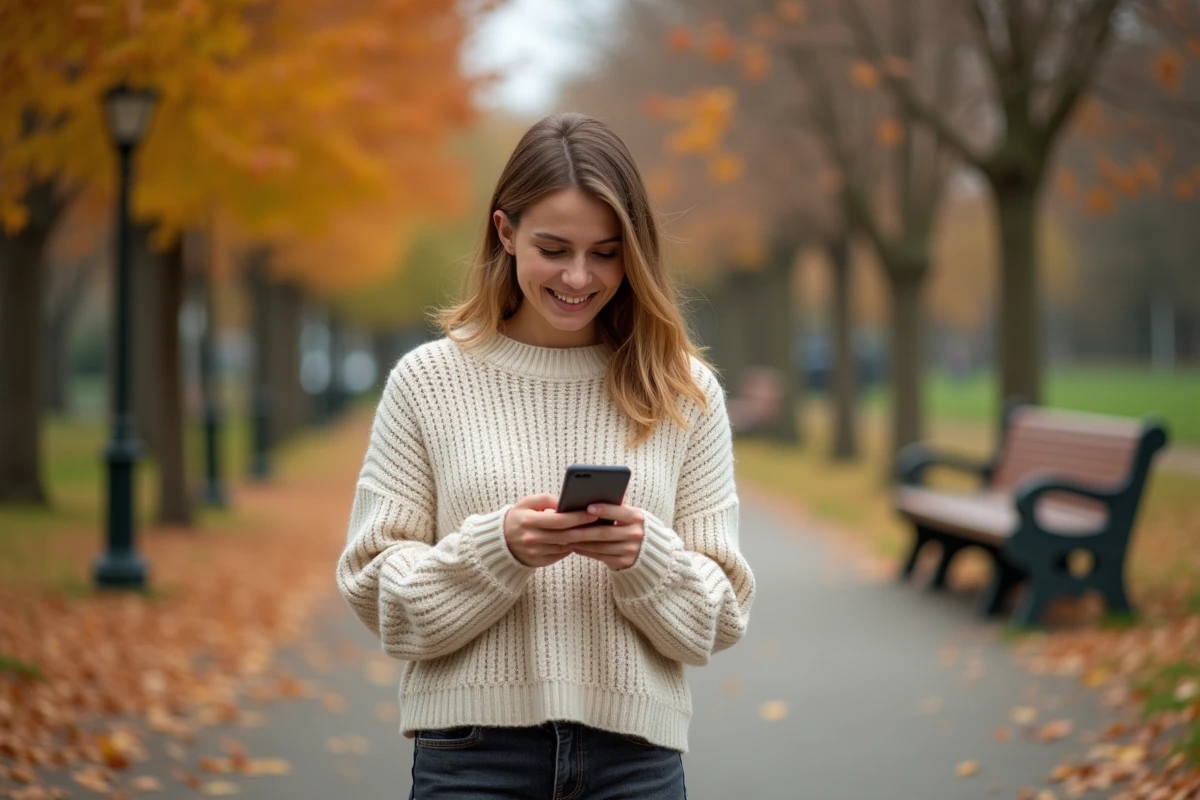 Femme amoureuse transie souriante dans un parc automnal, regardant son téléphone avec un sourire timide