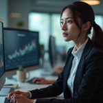 Jeune femme concentrée analysant des données sur plusieurs écrans