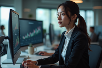 Jeune femme concentrée analysant des données sur plusieurs écrans